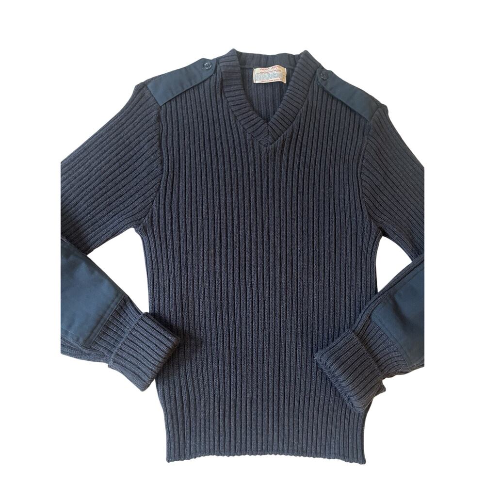 Vintage Citadel V-Neck Pullover Sweater Elbow Patch Blue 40 Academic Professor